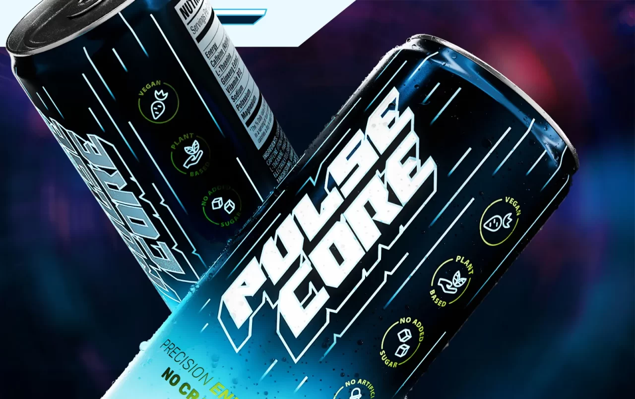 PULSECORE energy drink 3D can visualisation showcasing bold cyberpunk brand identity, packaging design, and production-ready beverage branding for gaming audiences