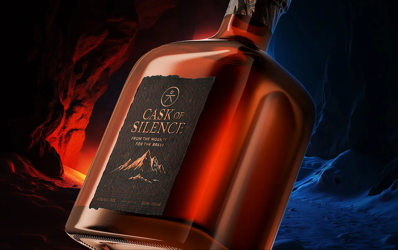 Cask of Silence artisan rum bottle showcasing premium brand identity, luxury packaging design, and production-ready 3D visualisation for beverage branding