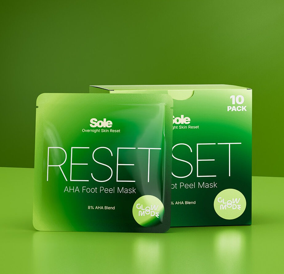GlowMode product on-shelf 3D visualisation, retail packaging render showing real-world shelf placement for brand launch