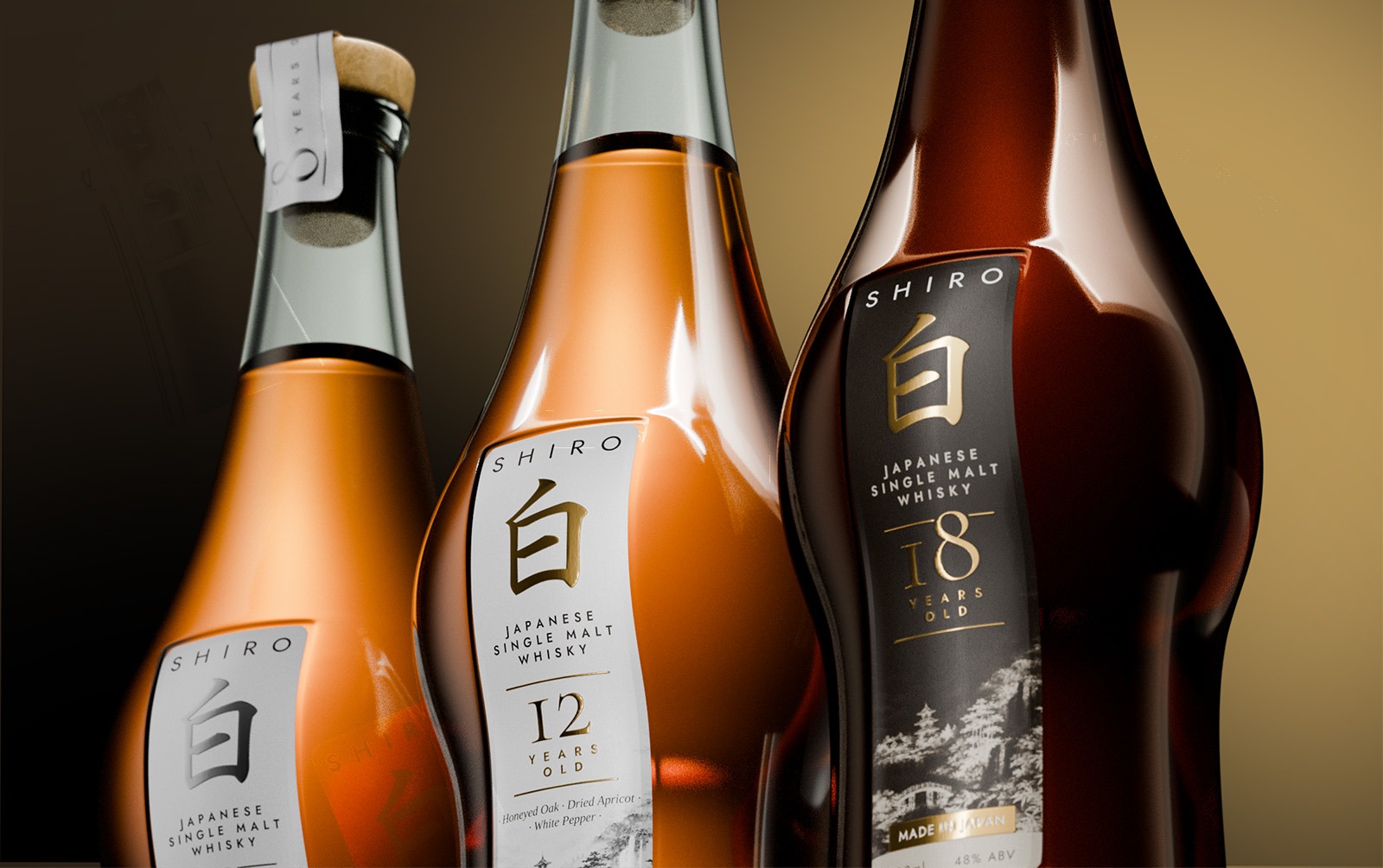SHIRO Japanese single malt whisky bottle 3D visualisation, premium gift packaging design for European spirits market
