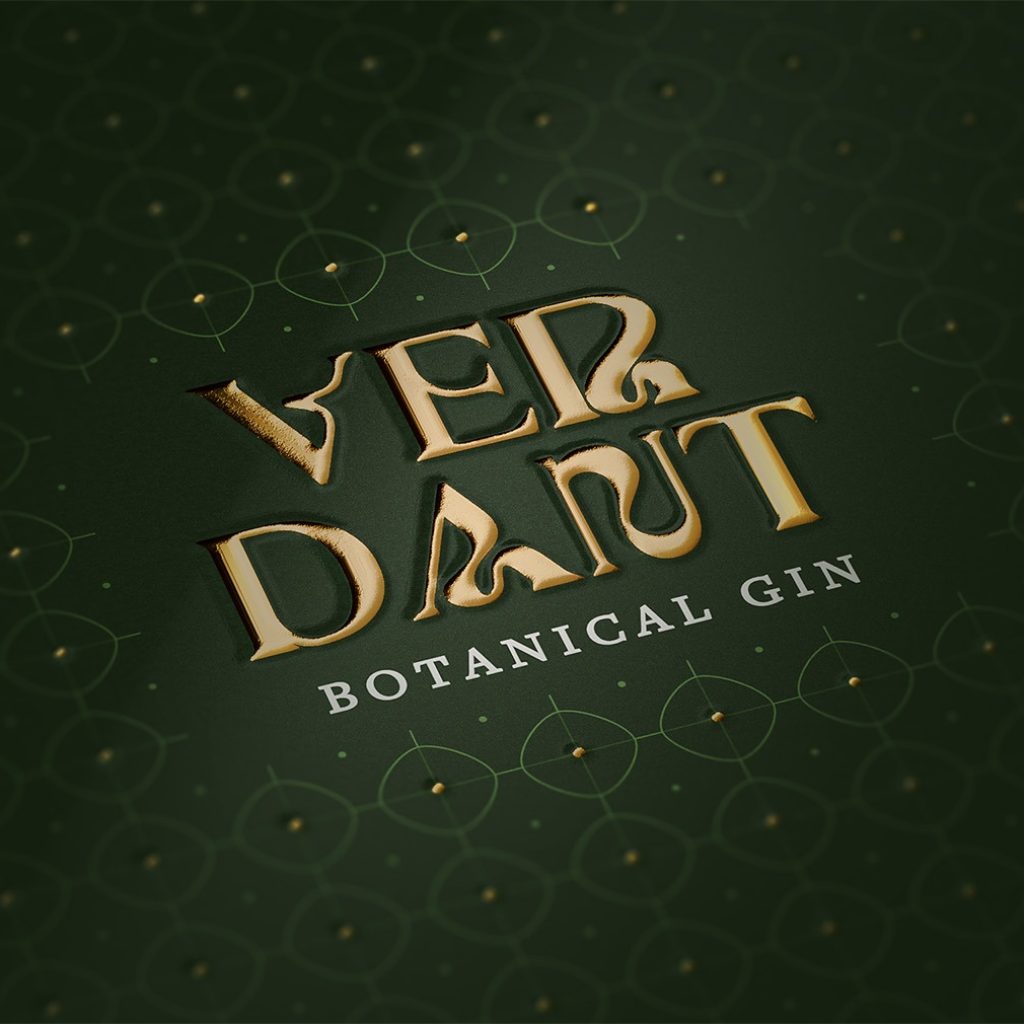 VERDANT Botanical Gin bespoke gold foil wordmark on a deep forest green lattice pattern.