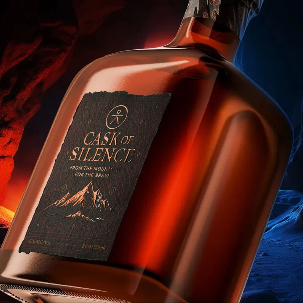 Cask of Silence artisan rum bottle, premium brand identity and 3D product visualisation for luxury beverage packaging
