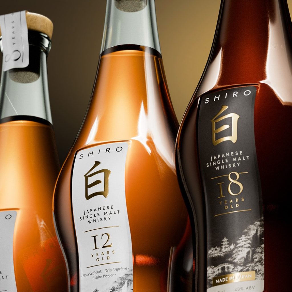 SHIRO Japanese single malt whisky bottle 3D visualisation, premium gift packaging design for European spirits market