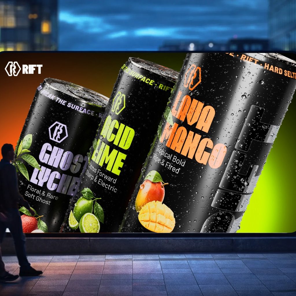 RIFT Hard Seltzer out-of-home billboard preview showing Ghost Lychee, Acid Lime, and Lava Mango cans in urban night setting